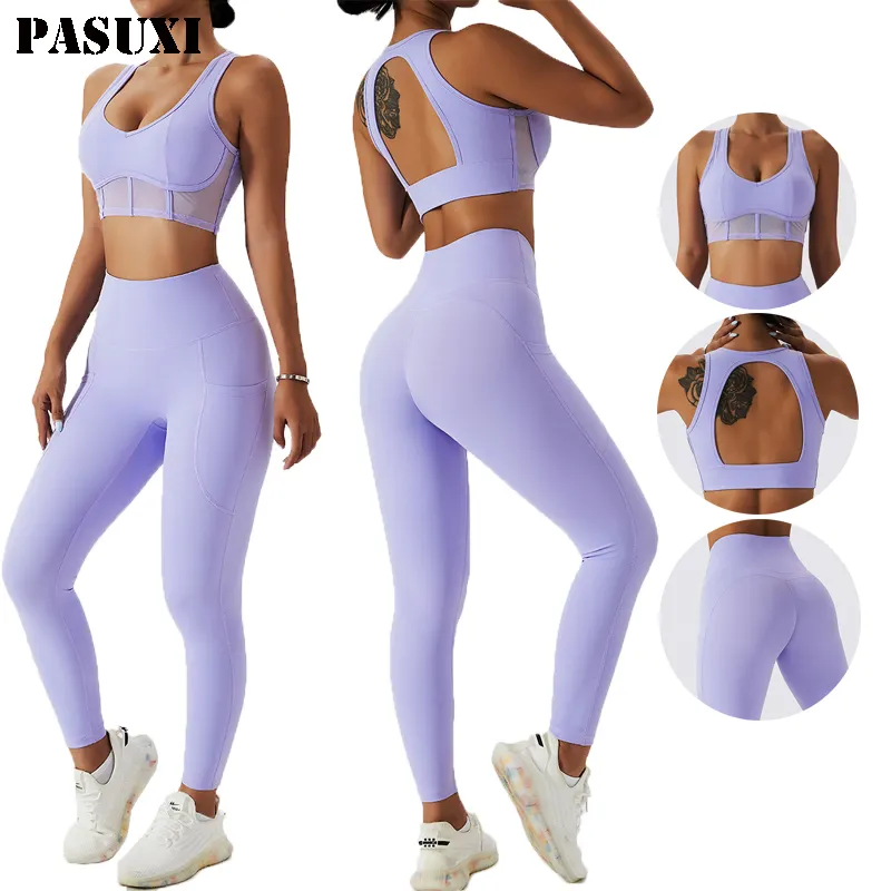 PASUXI Women Gym Fitness Set Clothing High Waist Yoga Leggings Pants Sports Bra Suit Activewear Seamless Yoga Set