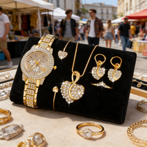 Nouvel ensemble de <span class=keywords><strong>5</strong></span> pièces LP32 en or rose entièrement serti de diamants, <span class=keywords><strong>montre</strong></span> à quartz élégante et décontractée, boucles d'oreilles, collier, bracelets, montres pour femmes - Product Image 2