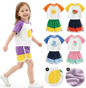 ชุดเสื้อผ้าเด็กผู้หญิงพรีเมียมสำหรับฤดูร้อน แขนสั้น แขนกุด คอกลม ผ้าฝ้าย สำหรับเด็กวัยเตาะแตะ ลายบล็อกสีสันผสมผสาน - Product Image 1
