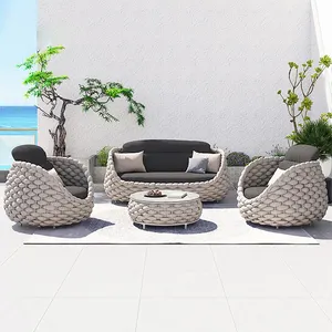 Hotel Set Sofa anyaman tali kecil, Set Sofa teras garis taman luar ruangan, Set Sofa aluminium luar ruangan