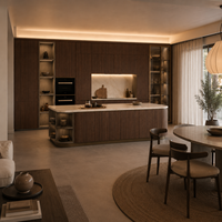 Meubles de cuisine sur mesure avec placage finition personnalisée, îlot de rangement, vitrines et étagères ouvertes taupe