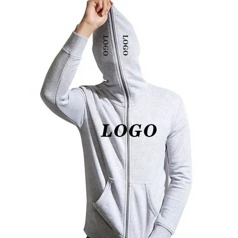 Wholesale Oversized Custom 100 % organic Cotton Logo Unisex Men No Strings Over Face Blank Full Face Zip Up Hoodies