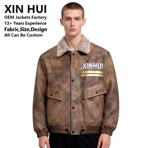 Vintage Distressed PU Leather <b>Long</b> Winter Flight Bomber <b>Jacket</b> <b>Men</b> Streetwear Sherpa Fleece Collar Padded Custom Logo - Product Image 2