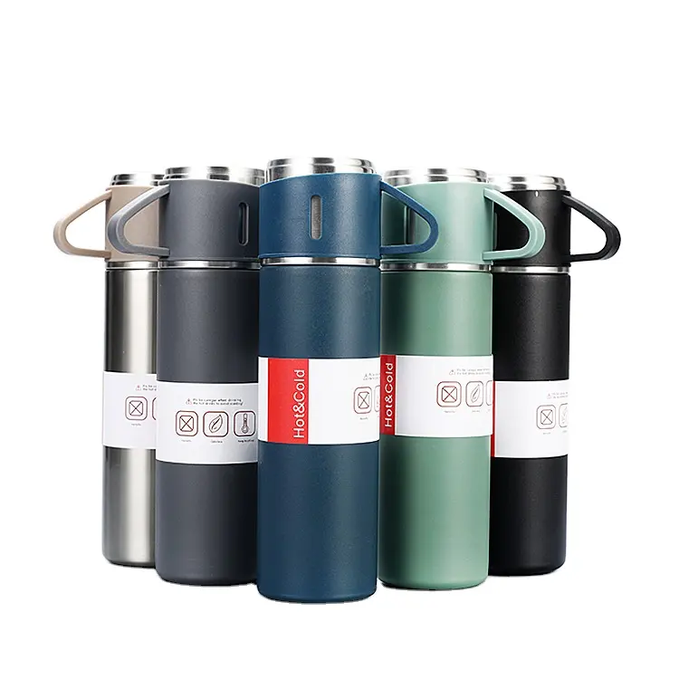 Ensemble de thermos une tasse deux couvercles boîte-cadeau flacon en acier inoxydable entreprise entreprise vide balle thermos tournée bouteilles d'eau