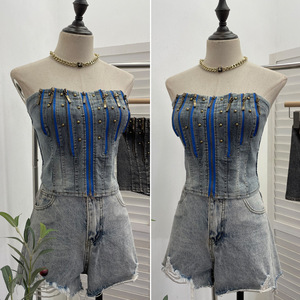 Peeqi 8901 Top in Denim Vintage da Donna con Corsetto, Cerniere, Rivetti, Lavaggio Effetto Patchwork, Senza Spalline, Sexy <span class=keywords><strong>Crop</strong></span> Top in <span class=keywords><strong>Jeans</strong></span> - Product Image 4