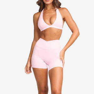 Customize Stretchy Halter Sports Bra Women <b>Sweat</b>-Wicking Lightweight Yoga Shorts Activewear 2pcs Workout Yoga <b>Set</b> - Product Image 4