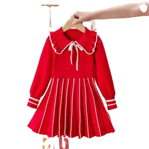 2024 2025 New Baby Girls Dress Knitted Sweater Skirt Toddler Kids Soft Lapel Princess Dresses Infant Kids Clothes