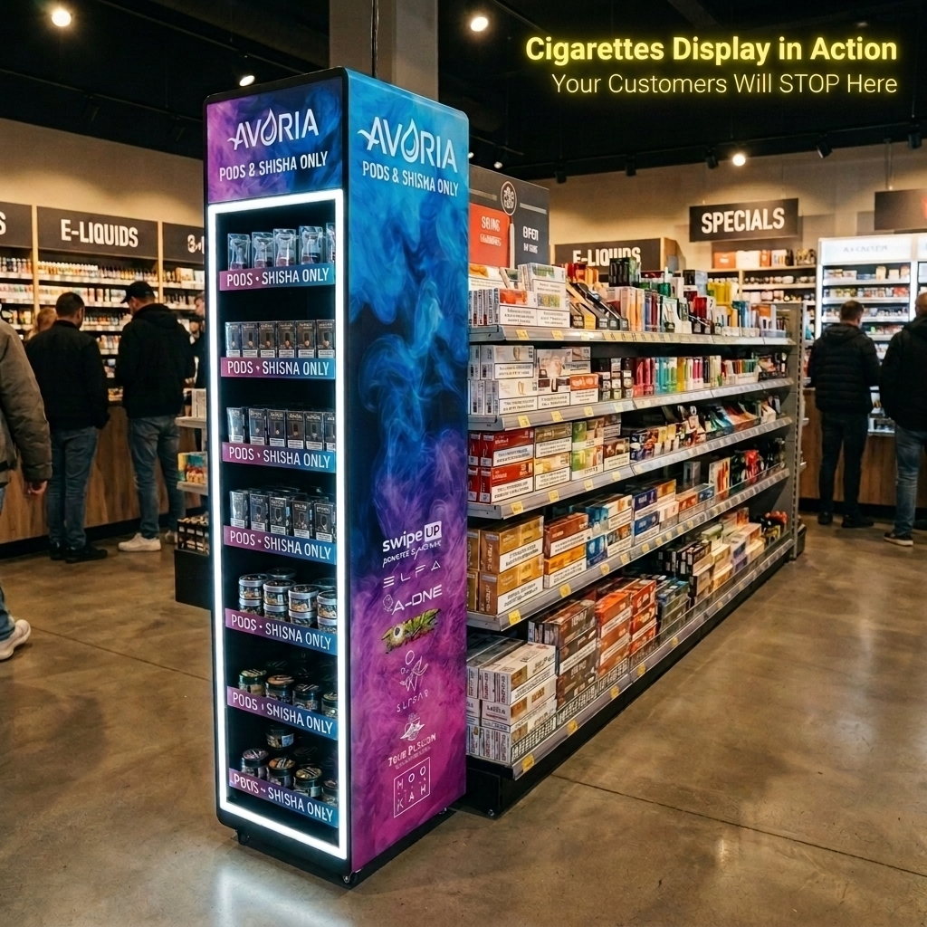 Custom Metal Floor Standing Cigarette Display Stand Tobacco Retail Display Rack With LED Light & Logo for Smoke Shop — view 2