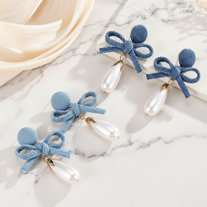 <span class=keywords><strong>Orecchini</strong></span> Vintage con Fiocco in Denim e <span class=keywords><strong>Perle</strong></span> Finte, Stile Europeo e Americano, Gioielli Artigianali Blu per Donna - Product Image 3