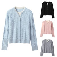 100% Wolle Faux-Zweiteiler Zopfmuster-Strickjacke für Damen Rundhals Knopfleiste Langarm Cropped Pullover OEM OEKO-TEX