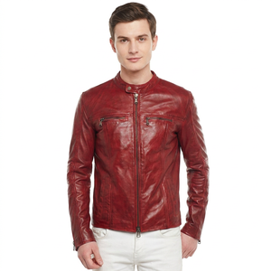 Red Biker Stand Collar Leather <b>Jacket</b> Heavy Duty Zipper Pockets <b>Slim</b> <b>Fit</b> Moto Outerwear Casual Autumn Fashion Coat Mens <b>Jackets</b> - Product Image 1