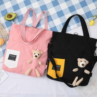 Sac fourre-tout en toile pour femme avec breloque ours en peluche, sac à bandoulière mignon, sac de shopping, sac de voyage quotidien avec fermeture éclair