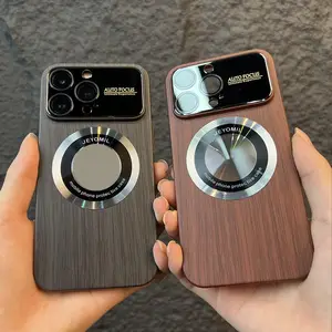 Popular Magnetic Hard Cover For iPhone 11 12 13 14 15 Pro Max With Camera Lens Glass Luxury Wood Grain Phone Case