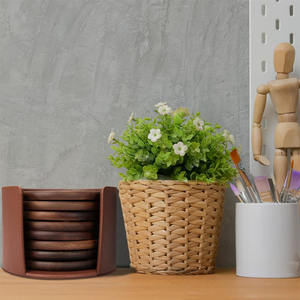 Sous-verres en bois avec support en cuir, GOH <span class=keywords><strong>DODD</strong></span> 4 pouces 8 pièces sous-verres en bois tasse sous-verre ensemble décor pour Bar cuisine maison - Product Image 3