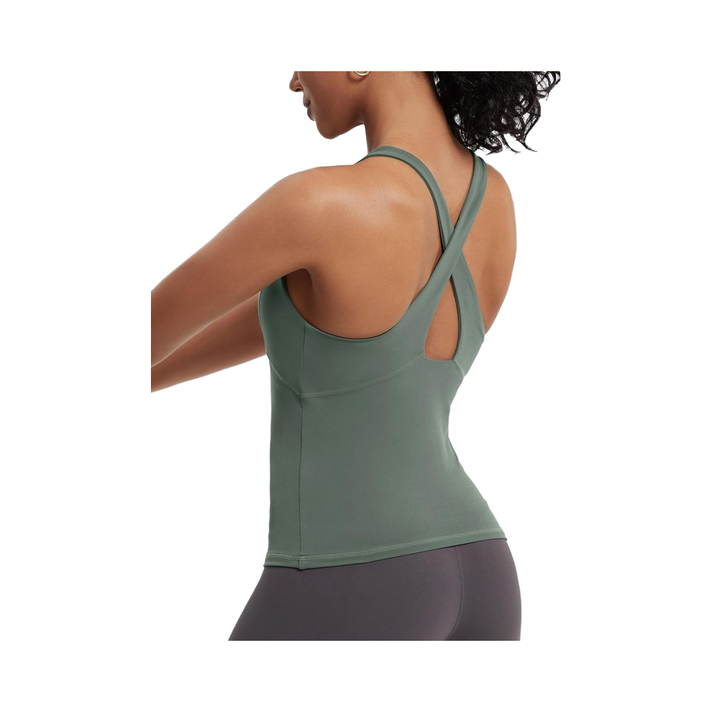Women's Lightweight Seamless High Neck Tank Top Cross Back Workout Gym Athletic Yoga Top with Built-In Bra