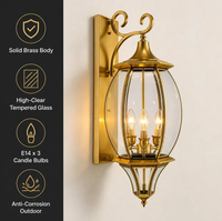Lanterne murale extérieure en laiton massif, bras doré poli, 3 ampoules E14, verre trempé, lumière de porche de villa de style rétro