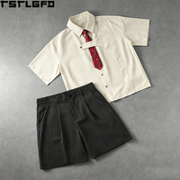 Oem Odm Asymmetric Pinstripe Shirt Set Pleated Shorts Old Money Style Tailored Smart Casual Two Piece Set Wholesale