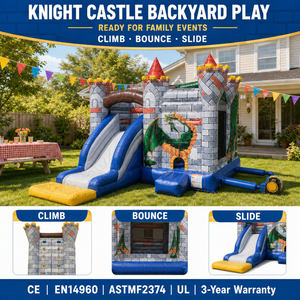 Château gonflable avec toboggan, zone d'escalade, thème château du dragon, location pour fêtes d'enfants, château gonflable commercial - Product Image 1