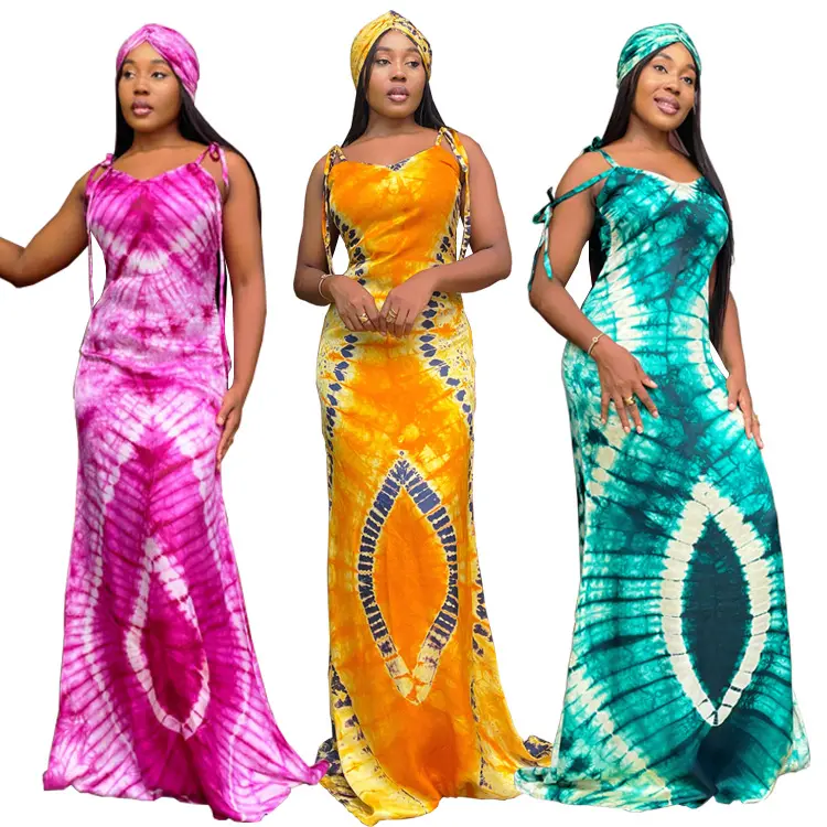 Rc3149 Verano Africano Tie Dye Impresión Suspender Long Bodycon Abaya Mujeres Vestido musulmán (con bufanda)