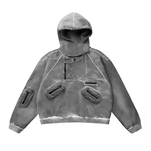High quality custom logo cut design feel stylish Men's hooded acid wash vintage zip-up pocket hooded shirt