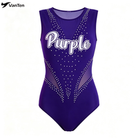 Magnifique justaucorps de gymnastique sans manches en spandex violet avec strass, pour filles, ensemble de danse et d'entraînement
