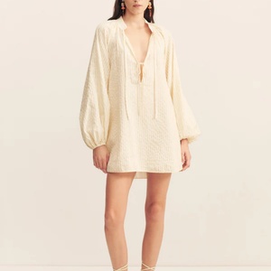 Custom Casual Oversized Woman Dress Deep <b>V</b> Neck <b>Strings</b> Puff Sleeve Short Dresses - Product Image 1