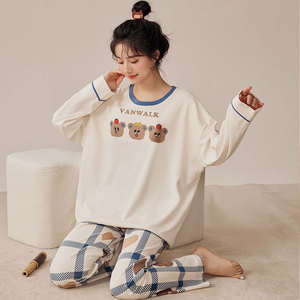 Pijamas de oso de dibujos animados, traje de manga larga para mujer, nuevos pijamas de talla grande para primavera y otoño para mujer, se pueden usar fuera de los conjuntos de ropa de dormir - Product Image 1