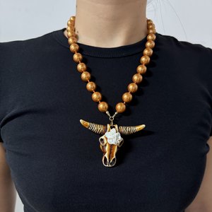 Chaîne <span class=keywords><strong>de</strong></span> perles d'imitation en gros, collier tendance vintage avec pendentif tête <span class=keywords><strong>de</strong></span> <span class=keywords><strong>taureau</strong></span>, bijoux fantaisie, cadeau idéal pour les fêtes et événements. - Product Image 6