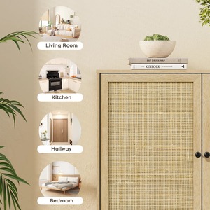 Armoire à chaussures moderne autoportante au design épuré avec portes en rotin, capacité de 18 paires, finition noire élégante - Product Image 2