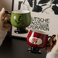 Tasse à café vintage en céramique avec pied, 300 ml, motif floral cœur, design pivoine rouge/lys vert, cadeau pour le thé de l'après-midi