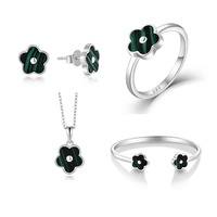 QX CUSTOM Joyería Fina, Collar de Plata de Ley 925 con Baño de Rodio y Malaquita, Colgante de Flor de Trébol de Cinco Hojas para Mujer