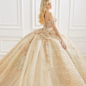 Vestido de Fiesta de Quinceañera Color Dorado Brillante, Vestido de Baile con Apliques de Encaje y Cuentas, Corsé Mexicano, Lentejuelas para Quinceañera, LSMC58 - Product Image 6