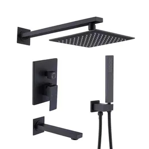 Grifo cuadrado de cobre para ducha de pared, conjunto de ducha empotrado de tres funciones, color negro