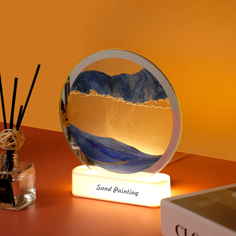 बह रेत कला प्रकाश Hourglass एलईडी प्रकाश 3D बह रेत फ्रेम दौर ग्लास बेडरूम बेडसाइड दीपक टेबल लैंप