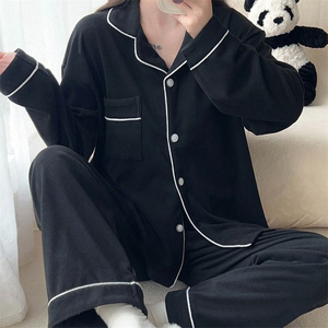 Manufacturers Wholesale Black Lapel Sleeved Women's Sleepwear Sets Long <strong>Pyjama</strong> Woman <strong>Thermal</strong> for Spring Autumn Nighttime Use - Product Image 5