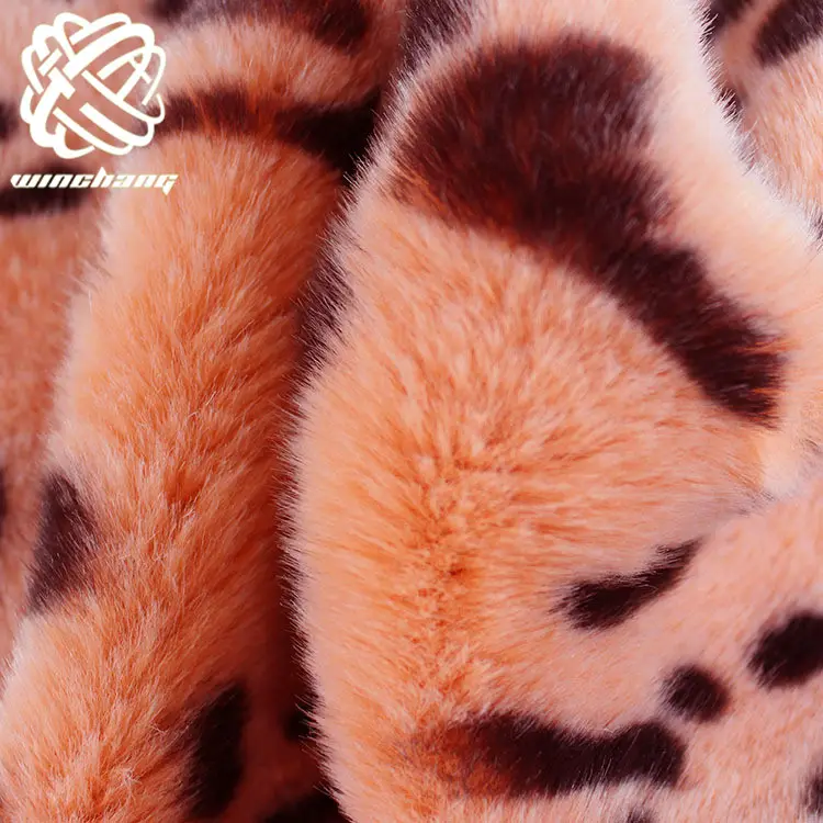 Cina Produsen Wholesal Leopard Pola Printing Poliester Rajut Tumpukan Panjang Panas Dijual Pink Pv Mewah Faux Kelinci Bulu Pakaian