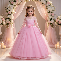 Robe de cérémonie longue en tulle pour enfants, à manches longues et dentelle, pour anniversaire, concours de beauté, mariage, demoiselle d'honneur et fête