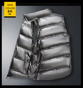 <span class=keywords><strong>Chaleco</strong></span> acolchado de cuero brillante para hombre, <span class=keywords><strong>chaleco</strong></span> acolchado sin mangas ligero y cálido - Product Image 4