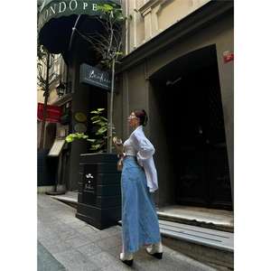 <b>Long</b> Vintage <b>Denim</b> <b>Skirt</b> Front Slit Button Decoration Casual Style <b>Plus</b> <b>Size</b> Light Printed for Spring Summer Autumn Seasons-Pink - Product Image 1