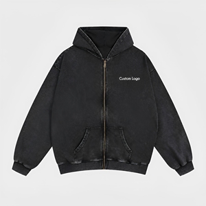 เสื้อฮู้ดดี้โอเวอร์ไซส์สีดำแบบฟอกกรด ซิปเต็มตัว ผ้าฟลีซหนานุ่ม สไตล์สตรีทแวร์ ยูนิเซ็กส์ ขายส่งเสื้อผ้าลำลอง B2B - Product Image 1