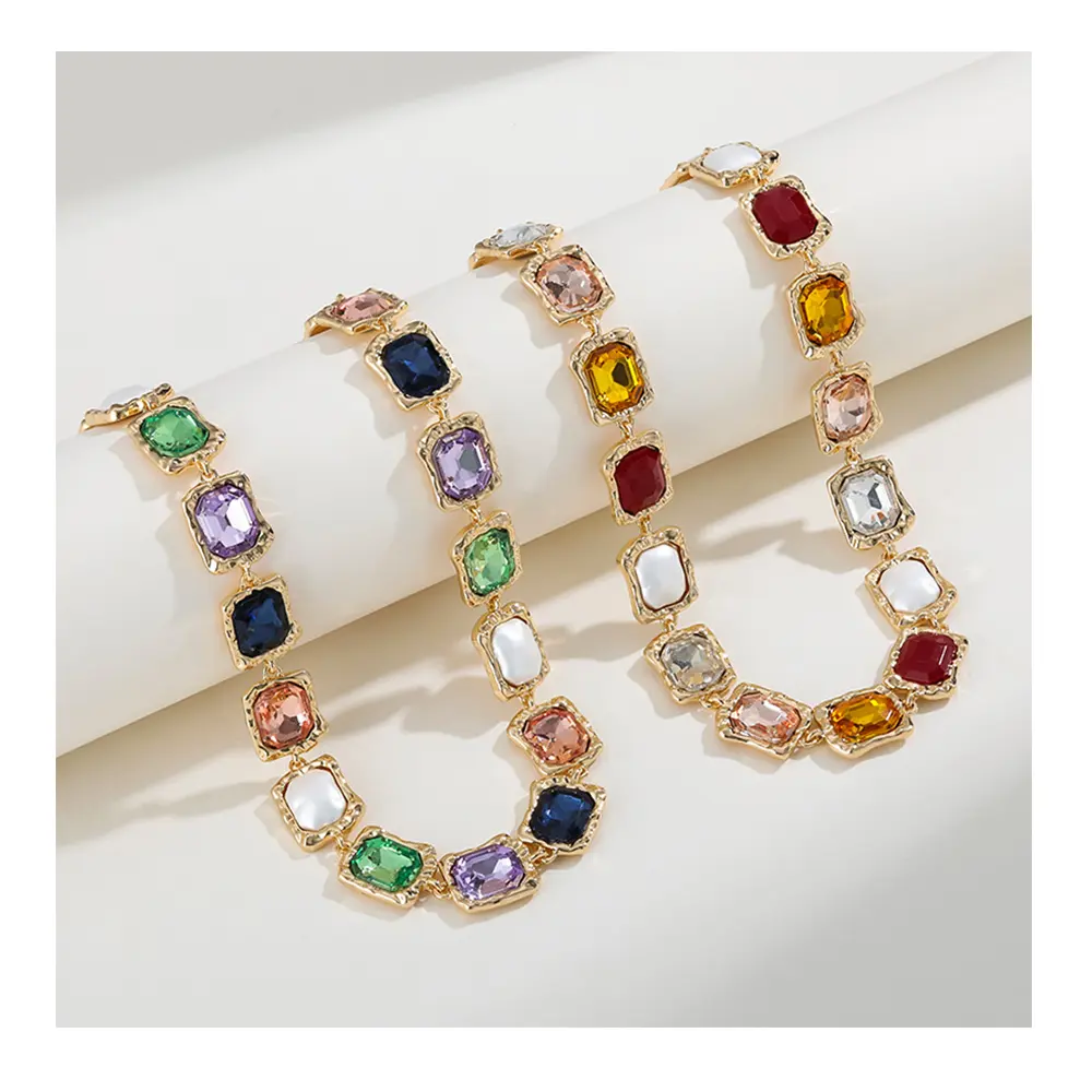 KJ Original Design Wholesale 18K Gold Luxury Colorful Square CZ Zircon Choker Necklaces for Women