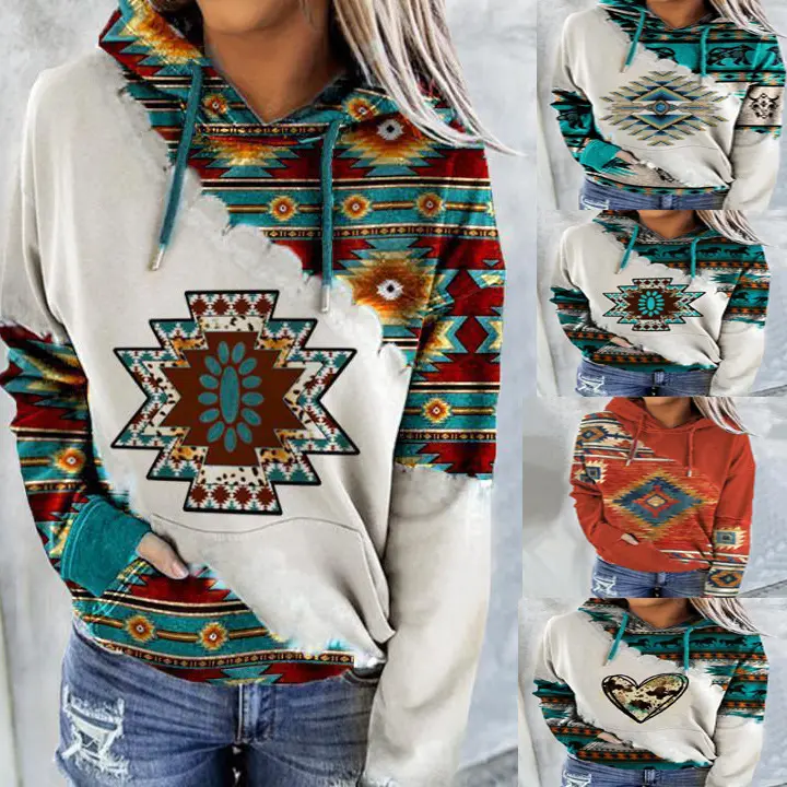 Pull-over à capuche à manches longues pour femmes, chemise, Blouse, grande taille, imprimé Aztec Navajo, vêtements à capuche, printemps automne