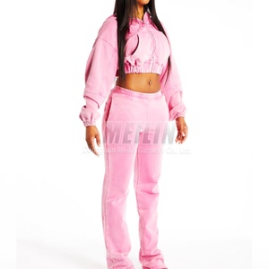 Custom logo Women Fleece Distressed Patch Embroidery Acid Wash <b>Zip</b> <b>up</b> Hoodies and Sweatpants Set pink Tracksuit Women Sweatsuit - Product Image 2