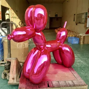 Estatua de parque de fibra de vidrio, perro de globo grande, plateado y rojo