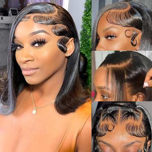 <span class=keywords><strong>Cheveux</strong></span> humains brésiliens densité 200 # Perruque courte brune chocolat, coupe bob, lisse comme des baguettes, avec dentelle transparente HD 13x4 pour femmes - Product Image 2
