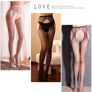 Collants sexy pour femmes, <span class=keywords><strong>bas</strong></span> élastiques à hauteur de cuisse avec jarretière, <span class=keywords><strong>bas</strong></span> en <span class=keywords><strong>résille</strong></span>, collants transparents sans entrejambe - Product Image 6