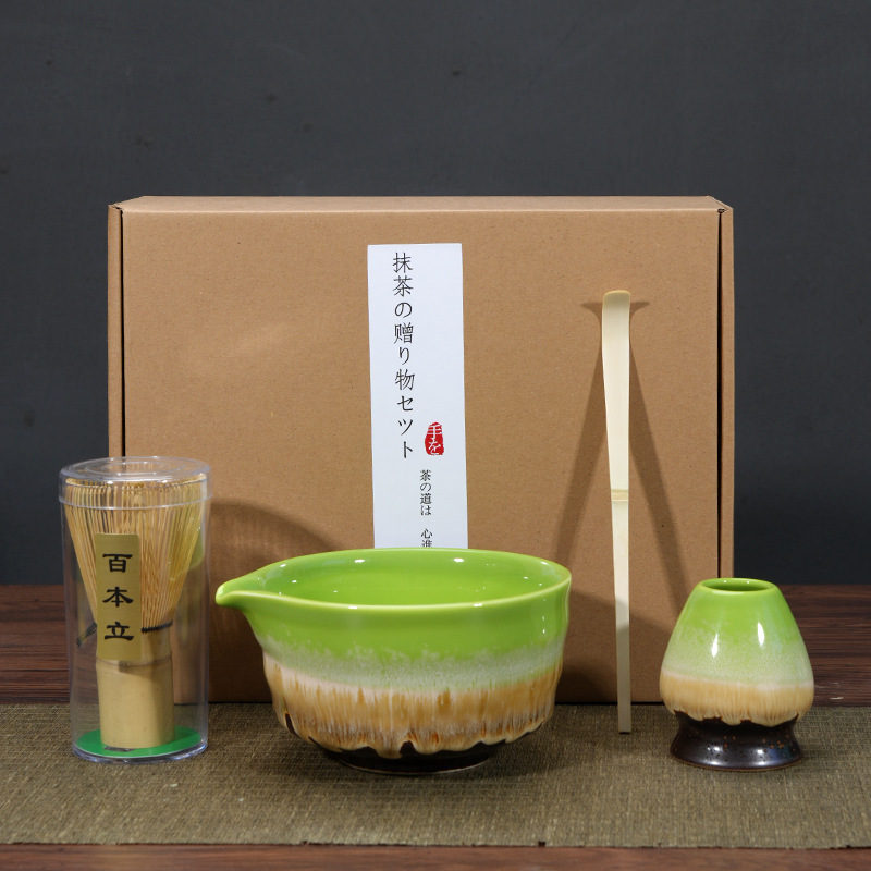 Ensemble de 4 bols à matcha tournés au four vert + boîte