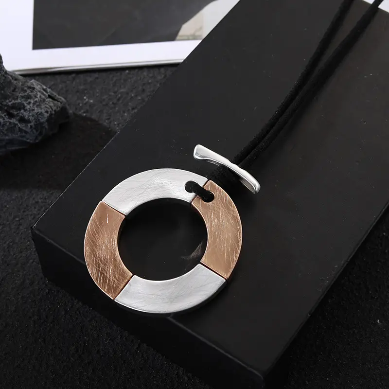 Hot Sale Brush Silver Gold Alloy Circle Pendant Long Black Suede Necklace For Women