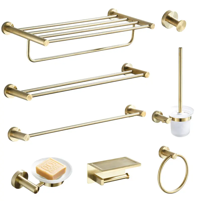 Fırçalanmış altın banyo aksesuarları duvar montaj paslanmaz çelik havlu Bar Set banyo donanım seti