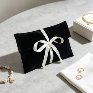 Pochette de luxe en velours noir style enveloppe avec nœud en satin blanc, sac cadeau personnalisé en tissu pour bijoux, cosmétiques et emballages cadeaux - Product Image 6
